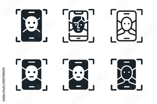 Facial Recognition Logos. Facial recognition. Icon set. Set Logo of facial recognition: camera lens with face aperture motif. harmonious logo variations of the