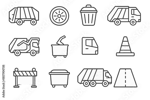 Outline Garbage Truck Icons. Garbage trucks. Line icon set of garbage trucks: garbage truck, wheel, container, compactor, hydraulic arm, chute, cabin, safety