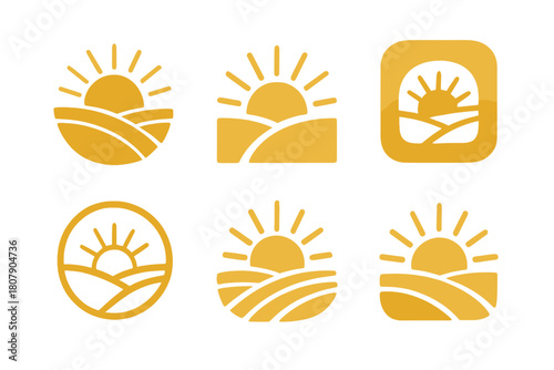 Golden Hour Logos. Photography of landscapes during golden hour. Icon set. Set Logo of Photography of landscapes during golden hour: camera with sun rays.