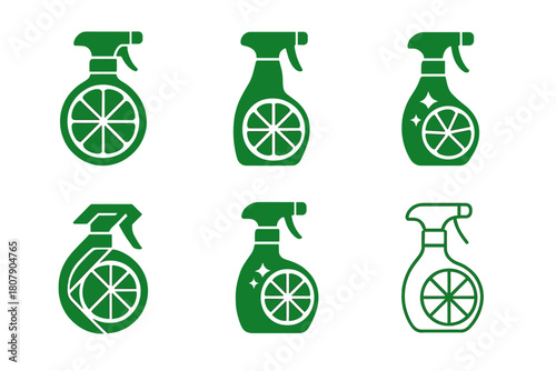 Non-Toxic Cleaner Icons. Non-toxic household cleaning solutions. Icon set. Set Logo of Non-toxic household cleaning solutions: citrus fruit cleaner. harmonious