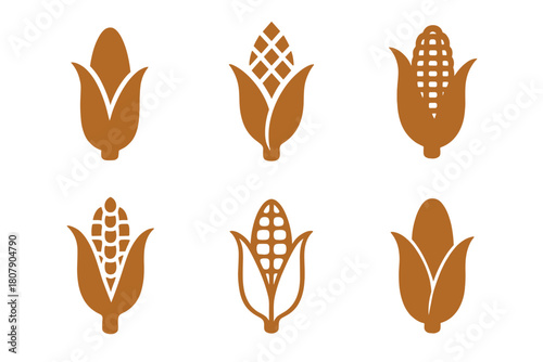 Autumn Harvest Icons. Autumn harvests and organic food production. Icon set. Set Logo of Autumn harvests and organic food production: corn ear with husk.