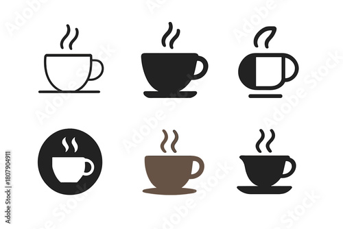 Coffee and Tea Logos. Coffee and tea. Icon set. Set Logo of coffee and tea: steaming cup. harmonious logo variations of the same emblematic concept, each with