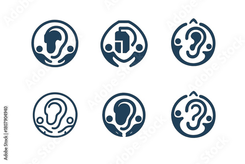 Disability-Friendly Logo Set. Disability-friendly events and gatherings. Icon set. Set Logo of Disability-friendly events: Hearing aid. harmonious logo