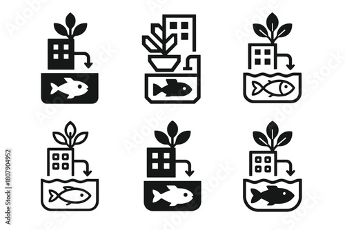 Urban Aquaponics Logos. Growing food with aquaponics in a small urban apartment. Icon set. Set Logo of growing food with aquaponics in a small urban apartment: