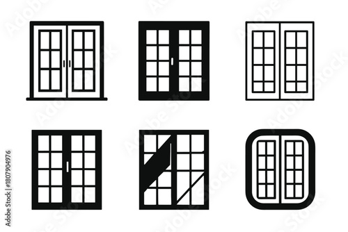 Sliding Door Logos. Sliding doors. Icon set. Set Logo of sliding doors: glass patio slider with two panels and central handle. harmonious logo variations of