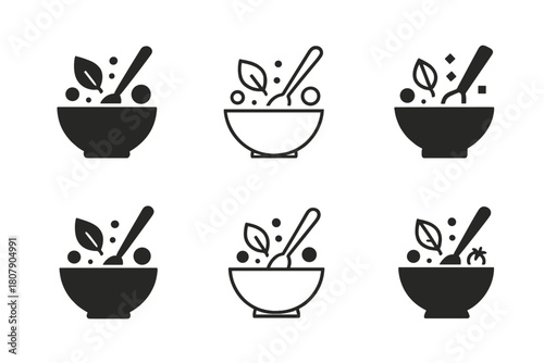 Creative Cuisine Logos. Cuisine fusions. Icon set. Set Logo of cuisine fusions: bowl mixing ingredients. harmonious logo variations of the same emblematic