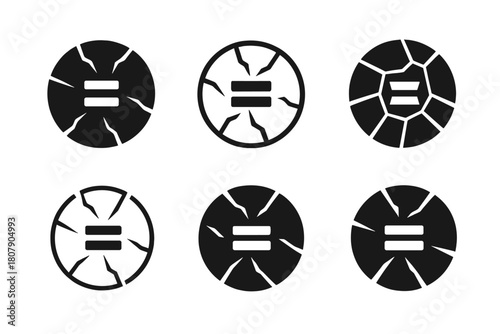 Diverse Unity Icons. Breaking stereotypes. Icon set. Set Logo of Breaking stereotypes: cracked glass with equality sign. harmonious logo variations of the same