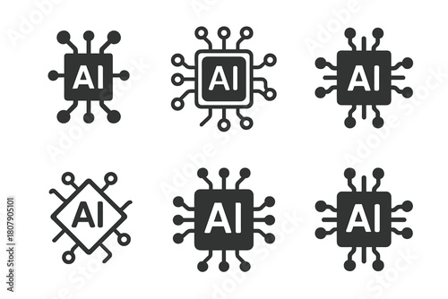 AI Logo Variations. Digital transformation in business. Icon set. Set Logo of AI integration: neural network chip. harmonious logo variations of the same