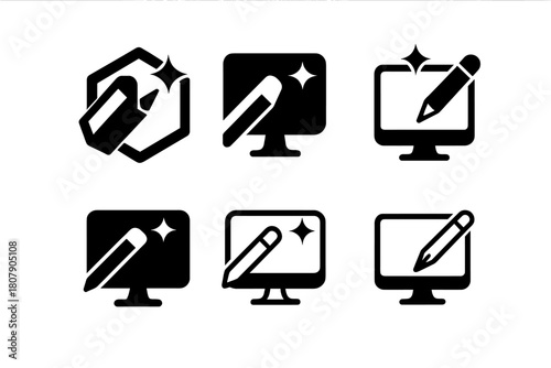 Digital Logo Variations. Digital content creation services. Icon set. Set Logo of Digital content creation services: AI-assisted design concept. harmonious