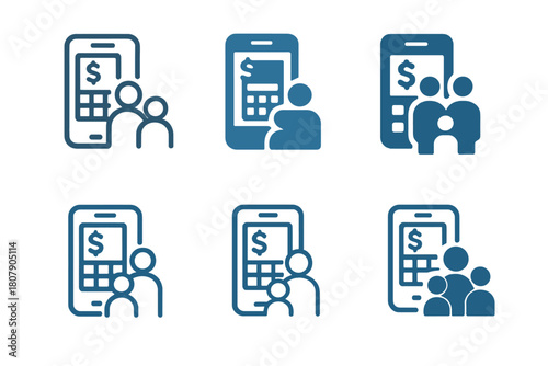 Family Finance App Icons. Tracking family finances using an app. Icon set. Set Logo of tracking family finances using an app: connected family accounts.