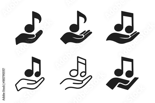 Therapeutic Music Logos. Music as a therapeutic tool. Icon set. Set Logo of Music as a therapeutic tool: hand holding musical note. harmonious logo variations
