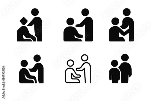 Mentoring Logo Collection. A professional participating in a networking event to grow their career. Icon set. Set Logo of mentoring: experienced leader guiding