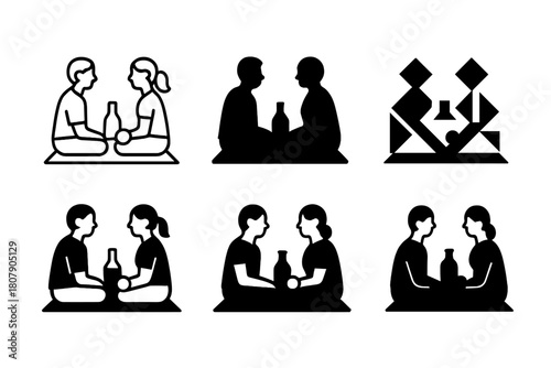 Simple Joys Icons. Couples Enjoying the Simple Things in Life Together. Icon set. Set Logo of Simple Joys: Picnic Together. harmonious logo variations of the