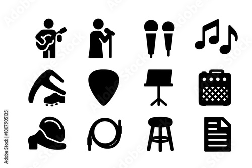 Acoustic Duo Icons. Acoustic Duo. Solid icon set of Acoustic Duo: guitarist, singer, duet mic, harmony notes, capo, pick, music stand, portable amp, foot