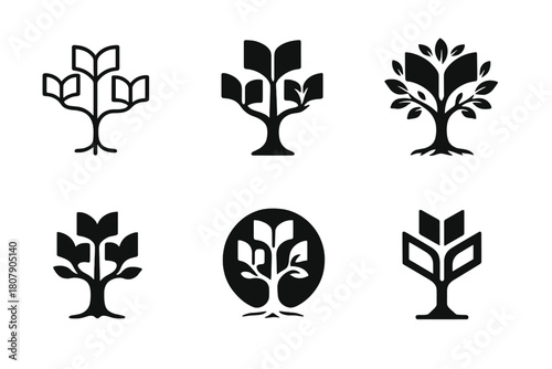 Knowledge Tree Logos. Educational moments (learning about science, history, geography). Icon set. Set Logo of Educational moments: tree of knowledge with books