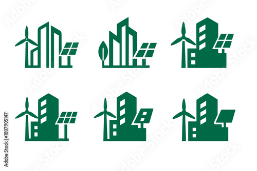 Energy-Efficient Building Icons. Energy-efficient buildings. Icon set. Set Logo of energy-efficient buildings: high-rise powered by renewable wind and solar