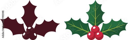 Christmas Holly Berry Icon Set, Simple Festive Vector Design, Silhouette and Color Versions Included