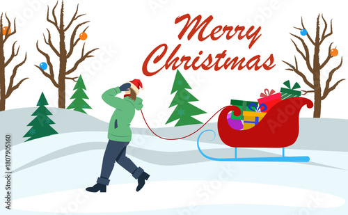 young woman in green parka and Santa hat pulls sleigh piled high with gifts through snowy landscape, firs; Merry Christmas