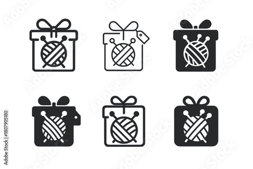 Hobby Gift Icons. Hobby-related gifts. Icon set. Set Logo of Hobby-related gifts: knitting yarn ball with needles and gift tag. harmonious logo variations of
