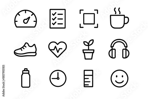 Productivity vs Wellbeing Icons. Productivity vs wellbeing. Line icon set of productivity vs wellbeing: speedometer, checkmark list, focus block, break cup,