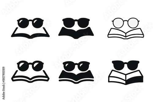 Poolside Reading Icons. Reading by the poolside. Icon set. Set Logo of reading by the poolside: sunglasses placed on book. harmonious logo variations of the