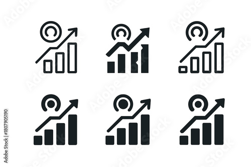Social Media KPI Icons. Social media KPIs list. Icon set. Set Logo of Social media KPIs list: follower growth arrow. harmonious logo variations of the same