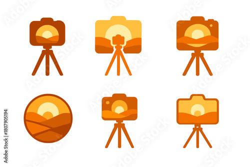 Golden Hour Logos. Photography of landscapes during golden hour. Icon set. Set Logo of Photography of landscapes during golden hour: camera with sun rays.