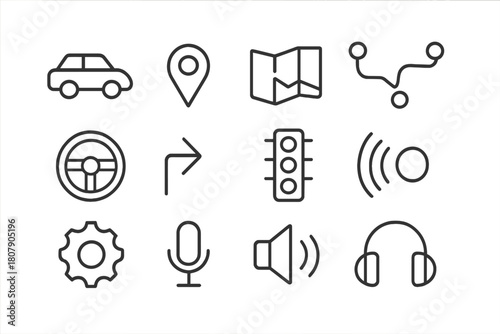 Smart Car UI Icons. Smart car UI. Line icon set of Smart car UI: car, GPS pin, map, route line, steering wheel, turn arrow, traffic light, signal waves,