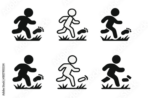 Kids Footprints Logos. Chasing kids in the yard. Icon set. Set Logo of Chasing kids in the yard: footprints in the grass. harmonious logo variations of the