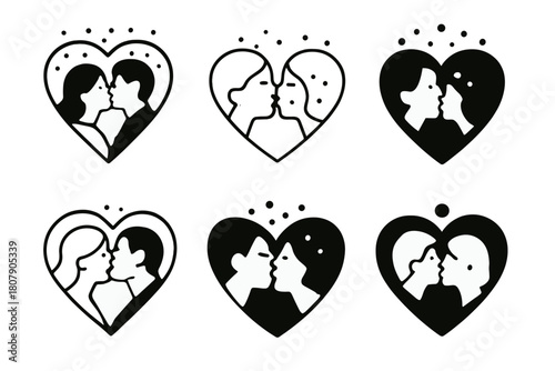 Wedding Kiss Icons. Wedding Kiss Under Confetti. Icon set. Set Logo of Wedding Kiss: confetti heart explosion over couple. harmonious logo variations of the