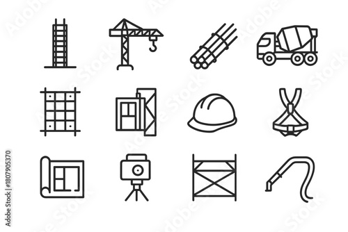 Skyscraper Construction Icons. Skyscraper construction. Line icon set of skyscraper construction: tower core, crane, rebar bundle, concrete mixer truck,