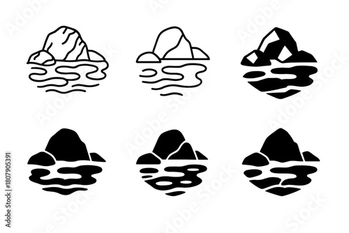 Rocky Shore Icons. Rocky shore. Icon set. Set Logo of rocky shore: serene rocky coastline. harmonious logo variations of the same emblematic concept, each with