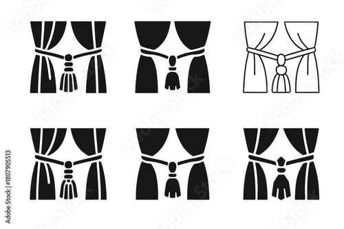 Curtain Logo Set. Curtain fabric. Icon set. Set Logo of curtain fabric: tassel tieback detail. harmonious logo variations of the same emblematic concept, each