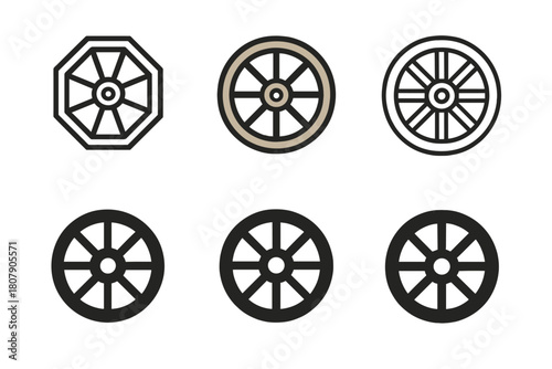 Traditional Farm Icons. Family farm life and traditional agricultural practices. Icon set. Set Logo of traditional craftsmanship: wooden cart wheel. harmonious
