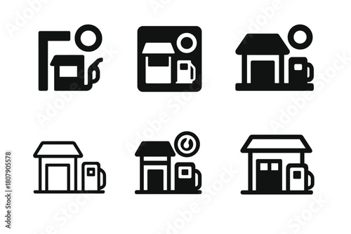 Highway Rest Stop Icons. Highway rest stop scene. Icon set. Set Logo of Highway rest stop scene: highway view with parked RV. harmonious logo variations of the