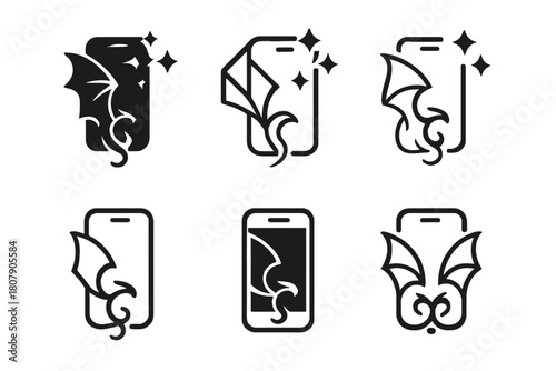 Enchanted Tech Logos. Fantasy and mythology in modern settings. Icon set. Set Logo of enchanted technology: magic-infused smartphone. harmonious logo