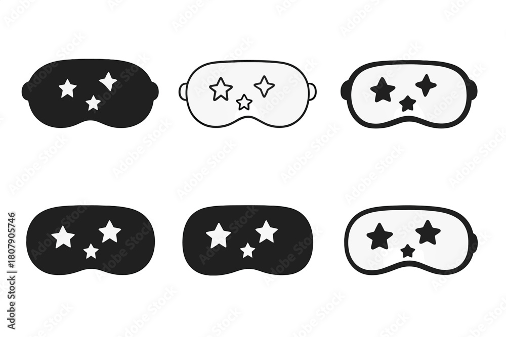 Obraz premium Sleep Relaxation Icons. Sleep-induced relaxation. Icon set. Set Logo of Sleep-induced relaxation: sleeping mask with stars. harmonious logo variations of the