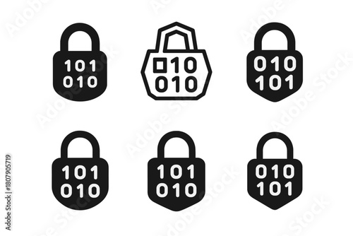 Cybersecurity Icon Variations. How to improve cybersecurity. Icon set. Set Logo of cybersecurity: padlock and binary code. harmonious logo variations of the