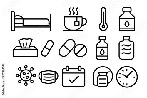 Sick Day Icons. Sick day. Line icon set of sick day: bed, blanket, cup of tea, thermometer, tissue box, medicine pill, hot water bottle, cough syrup, virus