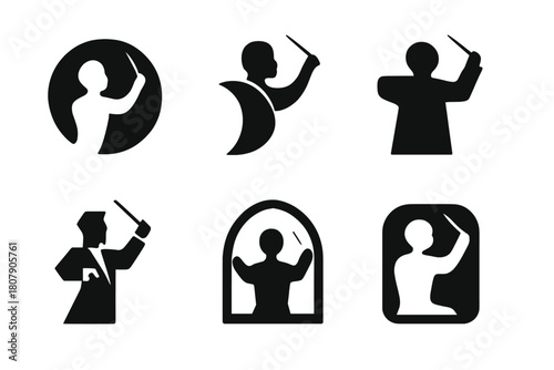 Orchestra Logo Variations. Theater festivals and events. Icon set. Set Logo of live orchestra: conductor with baton. harmonious logo variations of the same