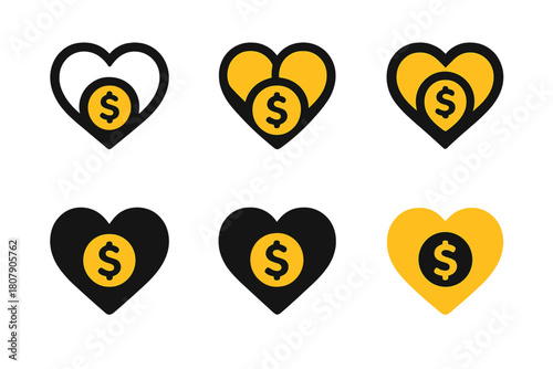 Family Budgeting Logos. Family budgeting. Icon set. Set Logo of family budgeting: heart-shaped coin combining love and savings. harmonious logo variations of