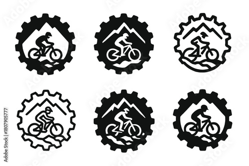 Mountain Biking Icons. Mountain biking. Line icon set of mountain biking: mountain bike, uphill trail, downhill trail, biker helmet, water bottle, chain,