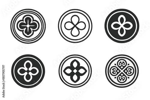 Antique Coin Logo Variations. Starting a Collection of Antique Coins. Icon set. Set Logo of Antique Coin Collecting: ornate vintage coin symbol. harmonious