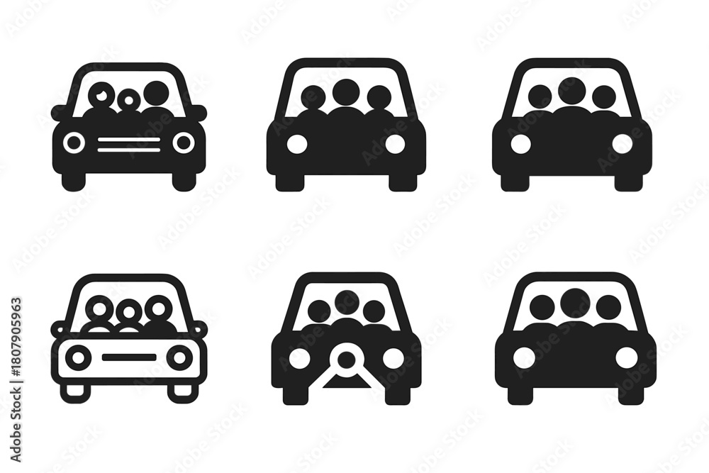 Fototapeta premium Family Car Trip Logos. Family car trip. Icon set. Set Logo of family car trip: family inside vehicle. harmonious logo variations of the same emblematic