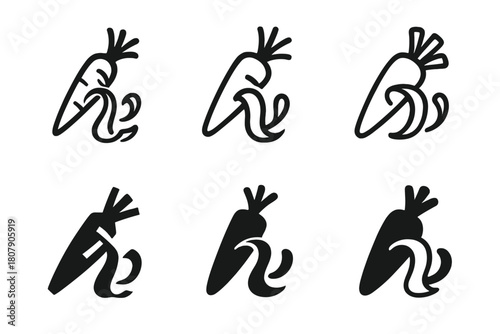 Peeling Vegetables Icons. Peeling vegetables. Icon set. Set Logo of peeling vegetables: carrot shavings. harmonious logo variations of the same emblematic