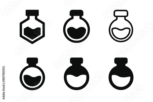 Substance Vial Icons. Substances. Icon set. Set Logo of Substances: Liquid vial. harmonious logo variations of the same emblematic concept, each with different