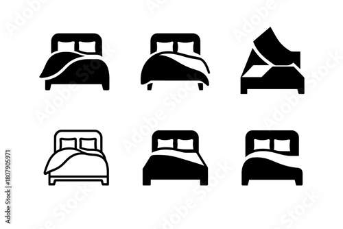 Elegant Bedding Iconography. Transforming a bedroom with new linens. Icon set. Set Logo of transforming a bedroom with new linens: elegant bedding set.