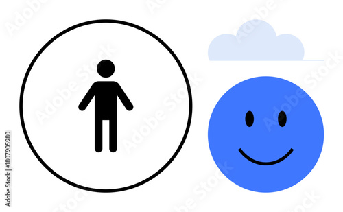 Human and emotion concept. A stick figure in a circle and a smiling blue face with a cloud depict positivity and well-being. Human and emotion ation for wellness, balance, mindfulness, mental health