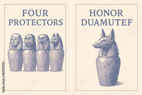 Honor Duamutef Banners. Sons of Horus. Two vertical A6 banners with safe margins, centered composition, no elements touching edges, pastel, indigo and silver,