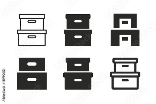 Home Storage Icons. Home storage solutions. Icon set. Set Logo of home storage: stackable boxes. harmonious logo variations of the same emblematic concept,